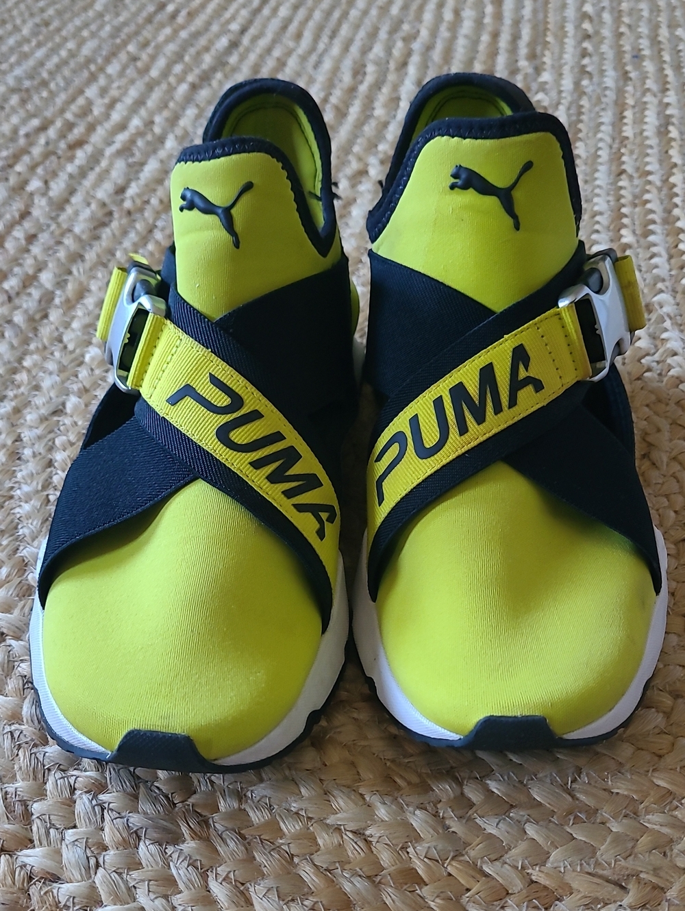 Puma Women's Neon Yellow and Black Cross-Strap Sneakers